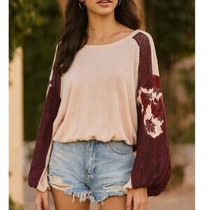 Free People SZ S Casual Clash Top Pink Burgundy Balloon Sleeve Thermal BOHO $88